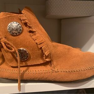 Minnetonka Fringed Suede Moccasin Boots with Silver Buttons